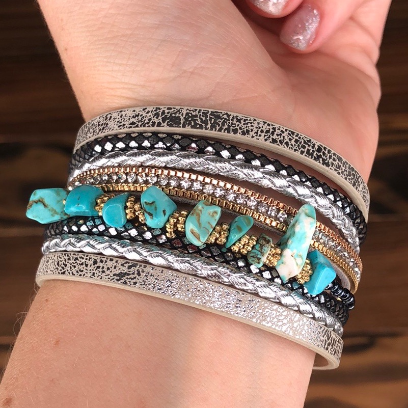 Western Bracelet Silver Cuff Cowgirl Stone Jewelry Turquoise Leather Boho New